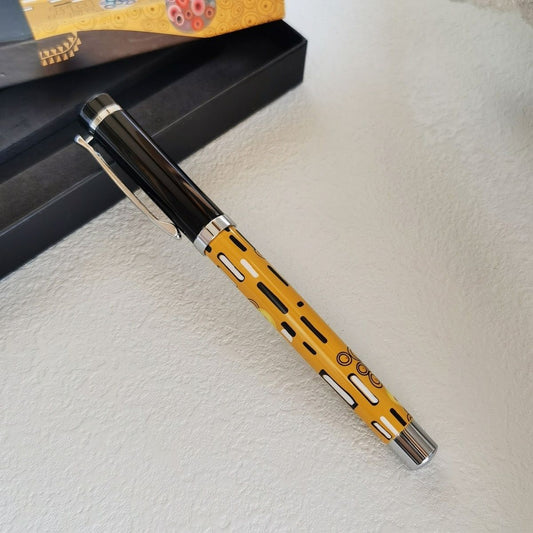 Lincraft 703 Gustav Klimt Edition Brass Fountain Pen | Amber Yellow Klimt Geometric Pattern Barrel and Black Cap | Iridium Nib Premium Art Gift in Klimt Gift Box