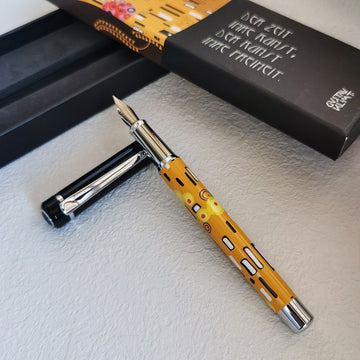 Lincraft 703 Gustav Klimt Edition Brass Fountain Pen | Amber Yellow Klimt Geometric Pattern Barrel and Black Cap | Iridium Nib Premium Art Gift in Klimt Gift Box