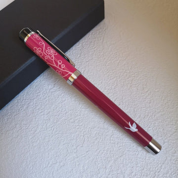 Lincraft 703 Jane Eyre Edition Brass Fountain Pen | Rose Pink Floral Cap and Deep Rose Barrel with White Bird Silhouette | Iridium Nib Premium Literary Gift for Her