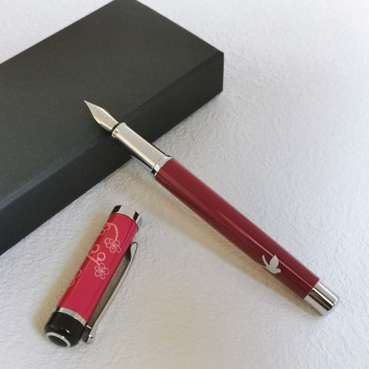 Lincraft 703 Jane Eyre Edition Brass Fountain Pen | Rose Pink Floral Cap and Deep Rose Barrel with White Bird Silhouette | Iridium Nib Premium Literary Gift for Her