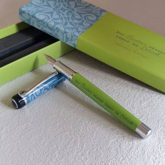 Lincraft 703 Theodor Fontane Edition Brass Fountain Pen | Lime Green Barrel with Fontane Quote and Sky Blue Baroque Floral Cap | Iridium Nib Premium Literary Gift in Matching Gift Box