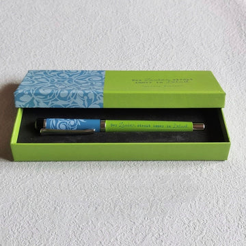 Lincraft 703 Theodor Fontane Edition Brass Fountain Pen | Lime Green Barrel with Fontane Quote and Sky Blue Baroque Floral Cap | Iridium Nib Premium Literary Gift in Matching Gift Box