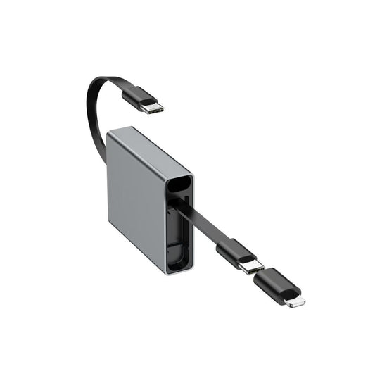 Alloy Retractable Dual Cable Organiser | USB-C to USB-C and Lightning | Flat Retractable Charging Cable for iPhone iPad MacBook Android Laptop | Compact Travel EDC