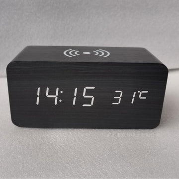Wooden Alarm Clock with Wireless Charger, LED Temperature Display & Voice Control – Bedside Desk Clock