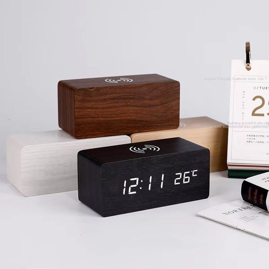 Wooden Alarm Clock with Wireless Charger, LED Temperature Display & Voice Control – Bedside Desk Clock