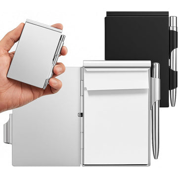 Aluminium Pocket Notepad Holder with Ballpoint Pen – Refillable Memo Pad Case, Silver & Black