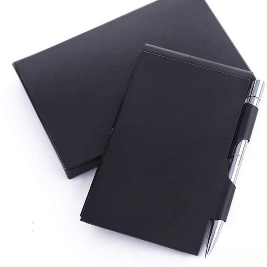 Aluminium Pocket Notepad Holder with Ballpoint Pen – Refillable Memo Pad Case, Silver & Black