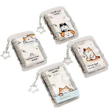 Isaar Mini Loose-Leaf Notebook with Star Charm – Kawaii Cat Transparent Binder Journal, Set of 4 Designs