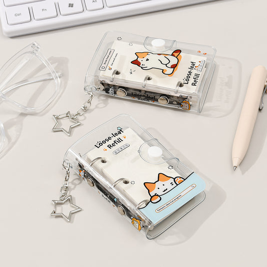 Isaar Mini Loose-Leaf Notebook with Star Charm – Kawaii Cat Transparent Binder Journal, Set of 4 Designs