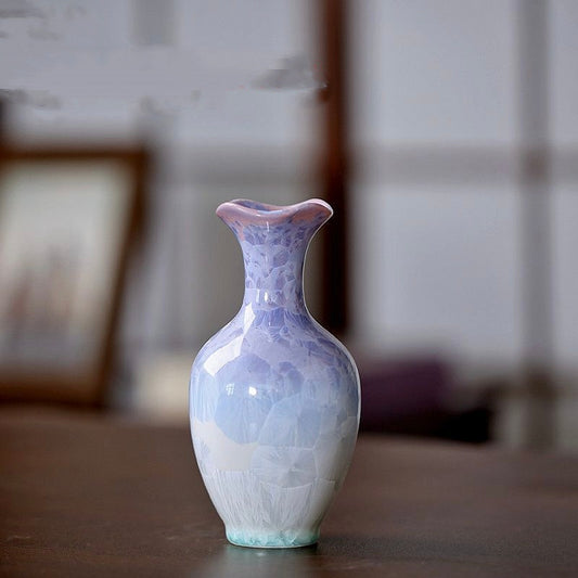 Crystalline Glaze Mini Ceramic Vase – Gradient Snowflake Glaze, Desk Flower Bud Vase, Home Decor Ornament