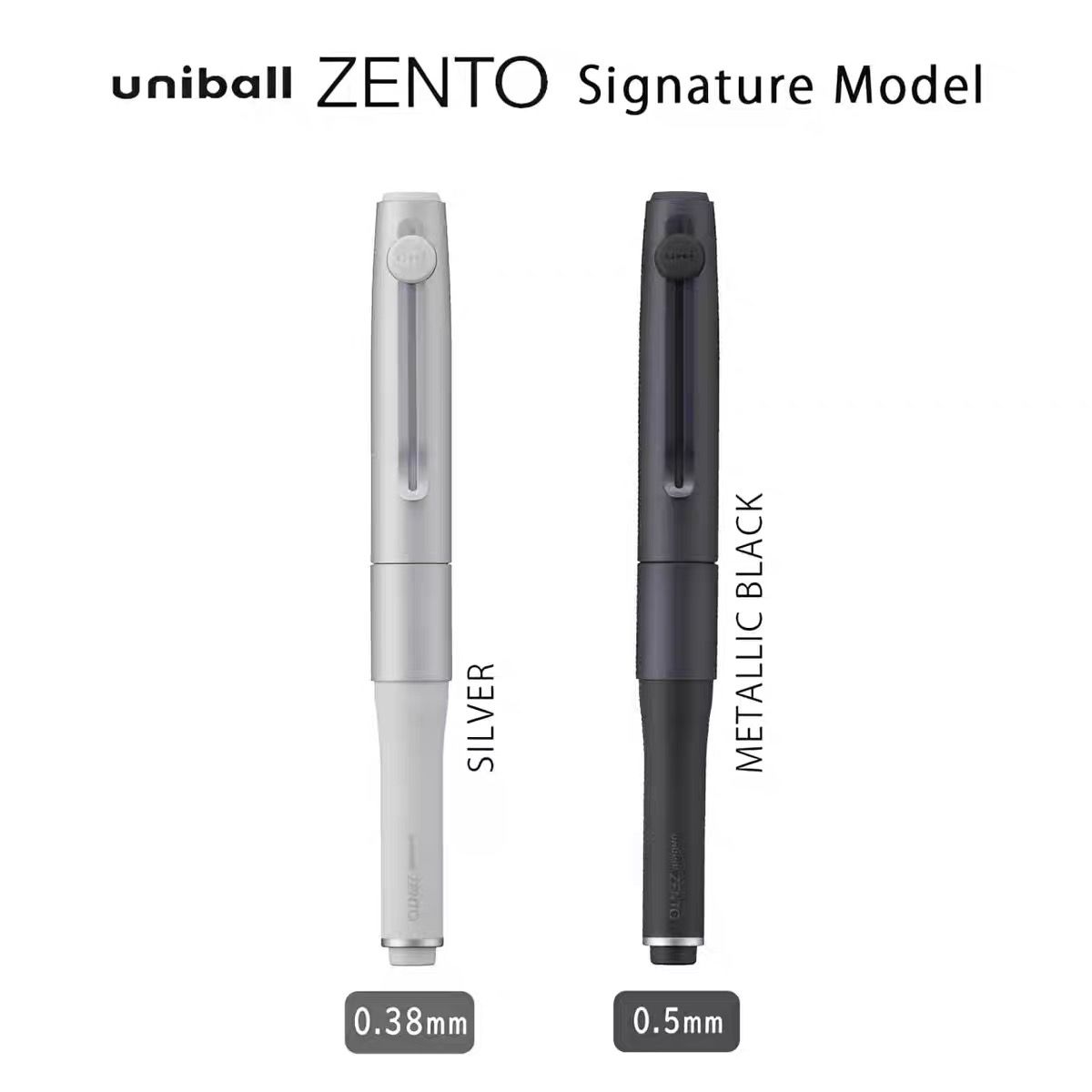 Uni-ball Zento Signature Model Silver 0.38mm and Metallic Black 0.5mm rollerball pen comparison