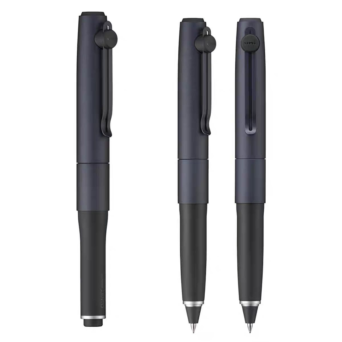 Uni-ball Zento Signature Metallic Black rollerball pen three angles capped uncapped