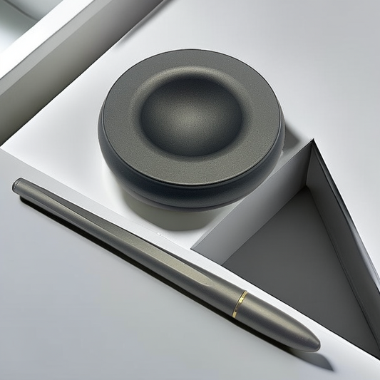 Magnetic levitating pen stand base top view with gunmetal gel pen beside it