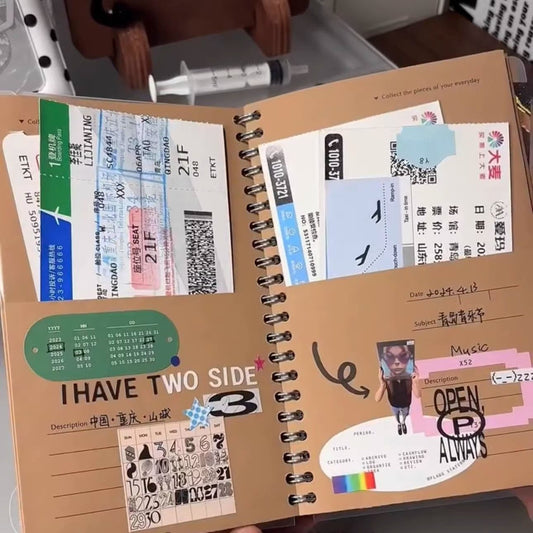 A5 kraft paper travel journal open showing boarding pass museum ticket and handwritten notes