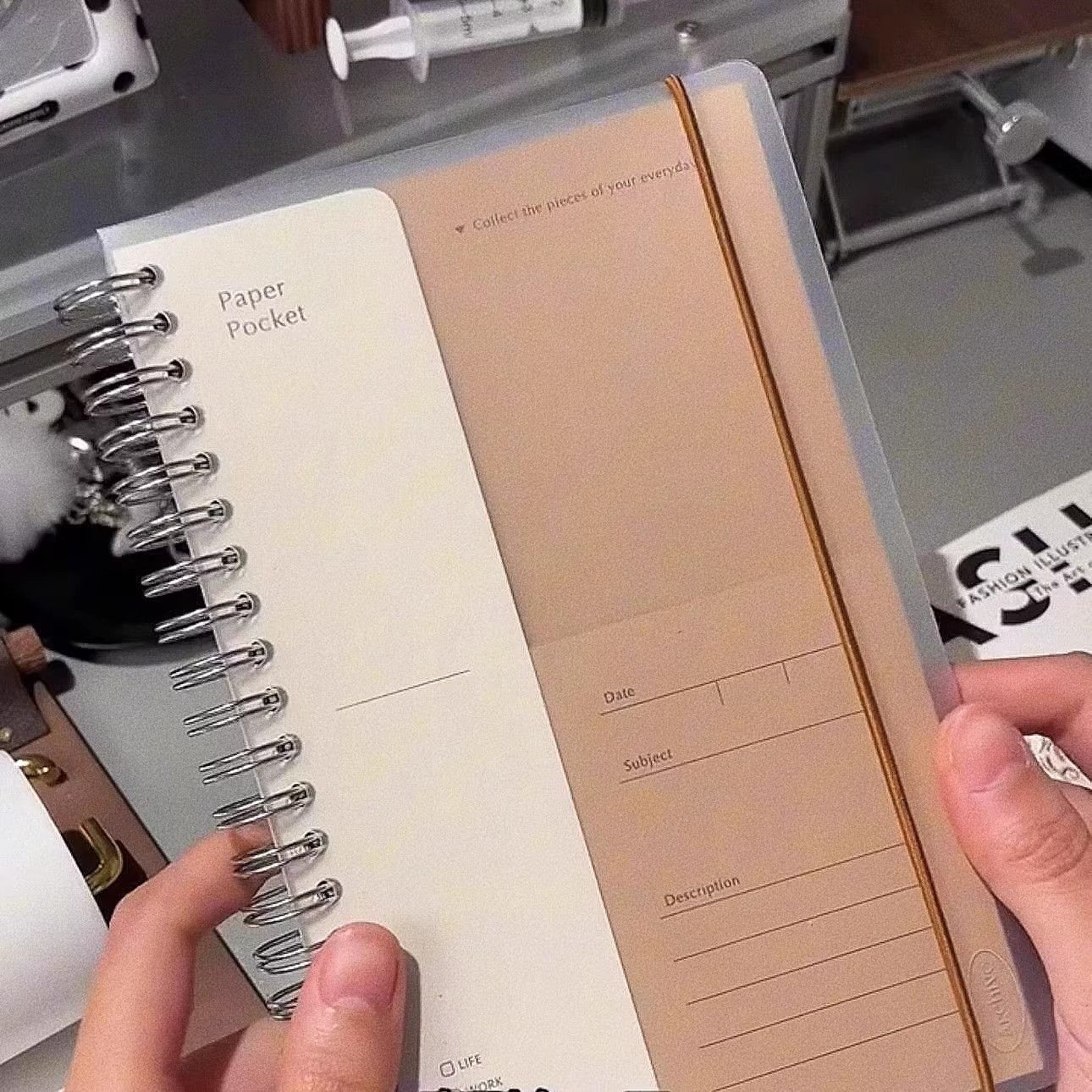 A5 kraft paper travel journal open with airline boarding passes stickers and British passport