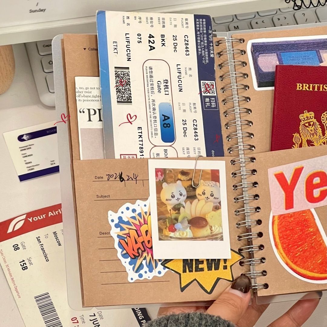 A5 kraft paper travel journal open showing kraft pocket pages with date subject description layout