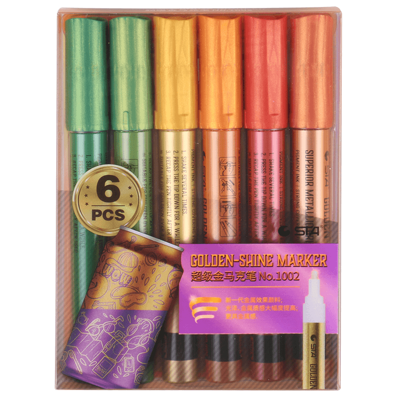 STA 6 Color Golden Shine Metallic Paint Markers 2mm Tip
