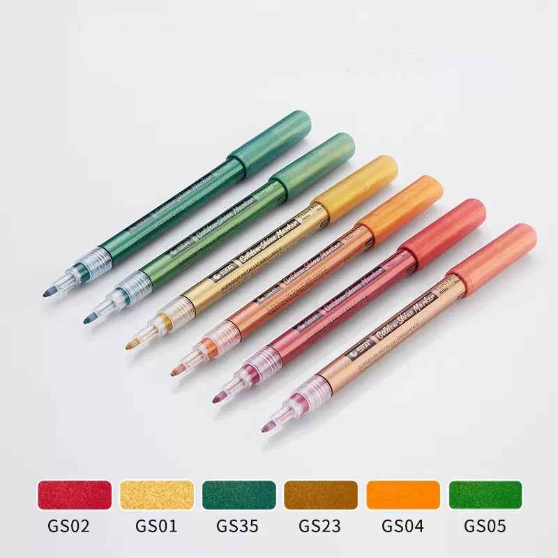 STA 6 Color Golden Shine Metallic Paint Markers 0.8mm Tip - TTpen