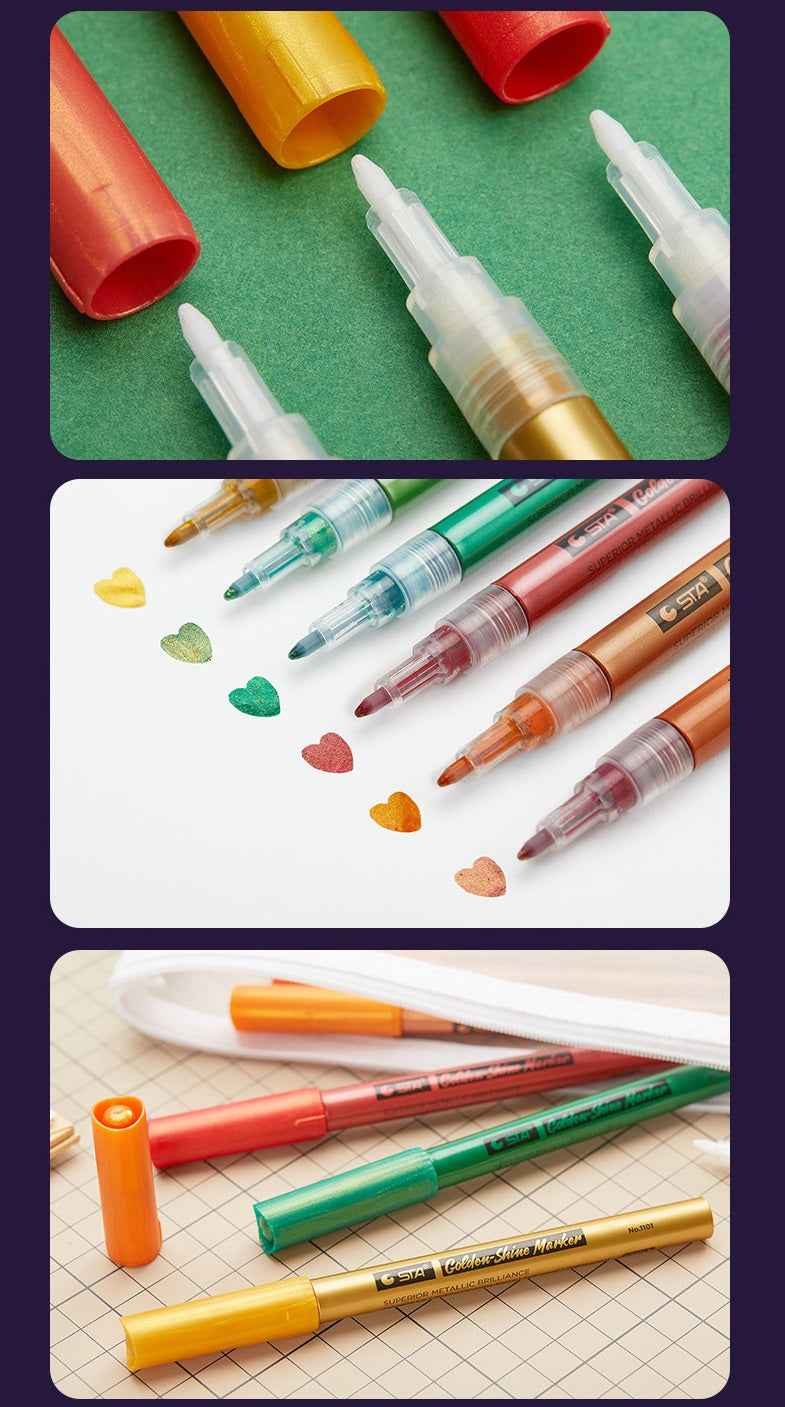 STA 6 Color Golden Shine Metallic Paint Markers 0.8mm Tip - TTpen