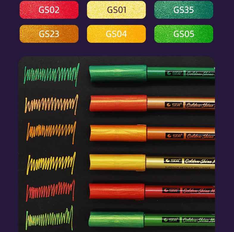 STA 6 Color Golden Shine Metallic Paint Markers 0.8mm Tip - TTpen
