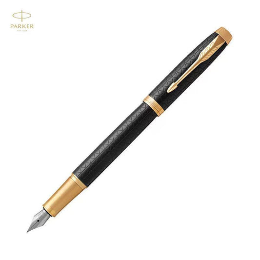Parker IM Black Forest Fountain Pen with geometric grid barrel and gold trim