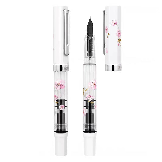 TWSBI ECO Sakura fountain pen with white cap and cherry blossom demonstrator barrel, capped and uncapped views