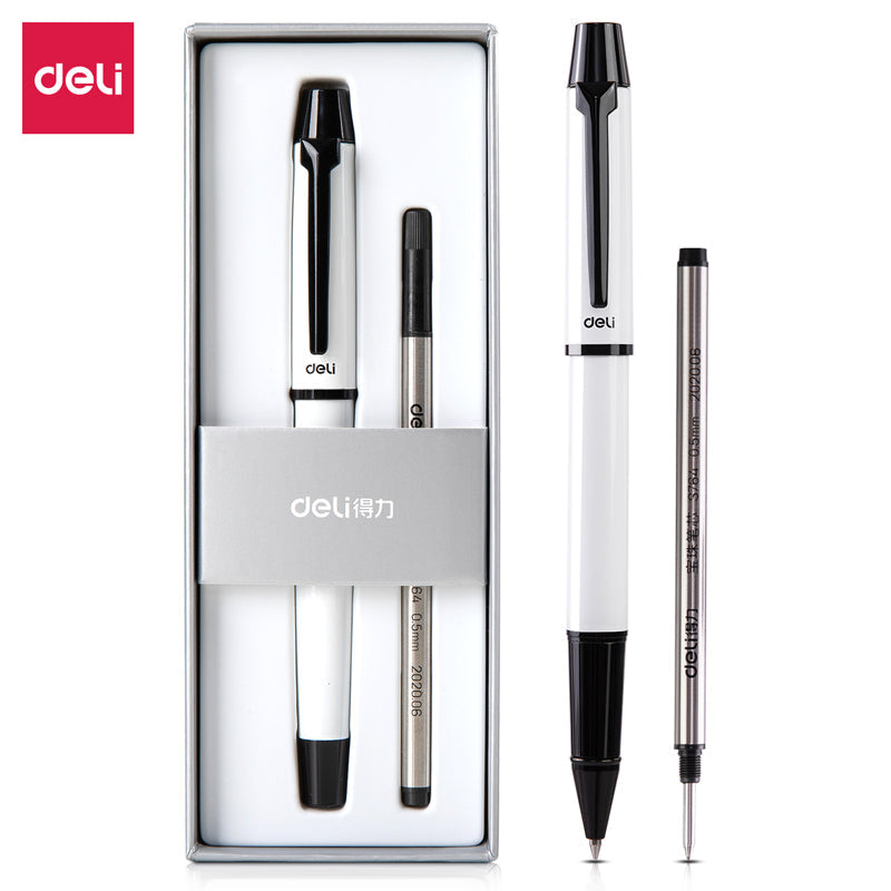DELI S153 Rollerball Pen - 0.5mm Black Ink with Black/White Metal - TTpen