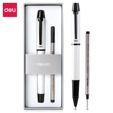 DELI S153 Rollerball Pen - 0.5mm Black Ink with Black/White Metal - TTpen