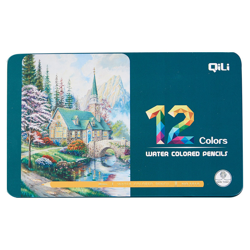 QiLi Wood Cased Water Colored Pencils - Tin of 12/24 Colors 12 Count