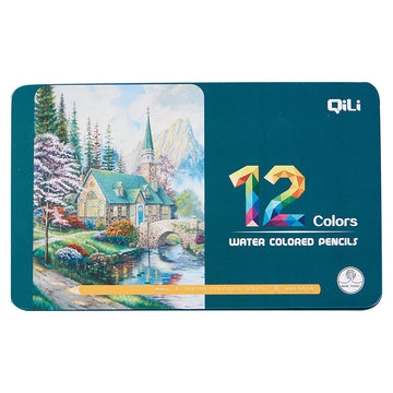 QiLi Wood Cased Water Colored Pencils - Tin of 12/24 Colors 12 Count