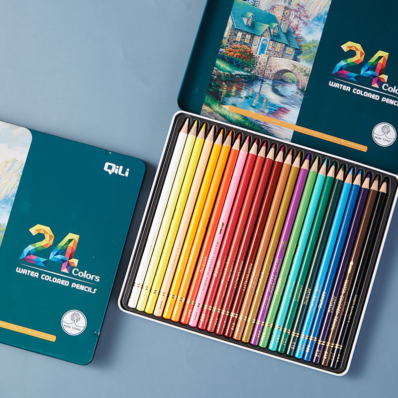 QiLi Wood Cased Water Colored Pencils - Tin of 12/24 Colors
