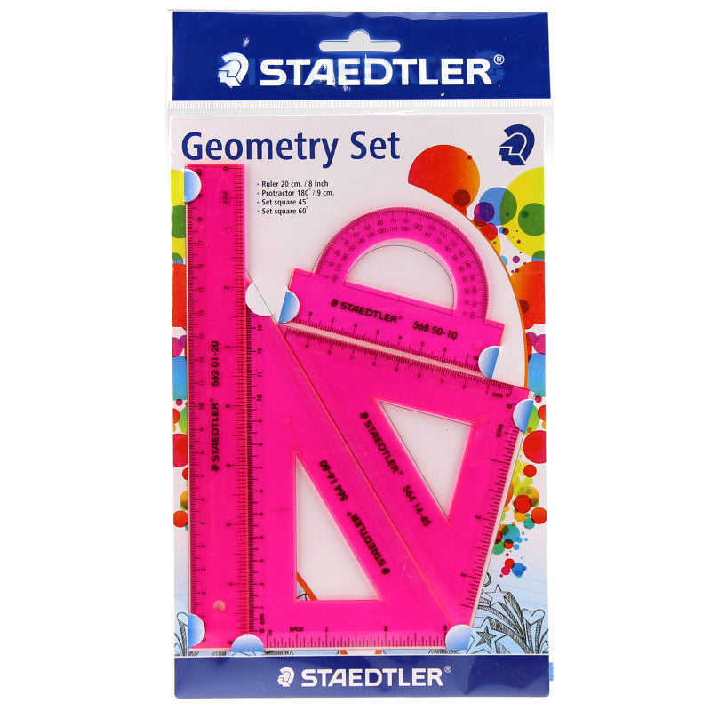 Staedtler 4 Piece Geometry Set Square Ruler and Protractor Pink
