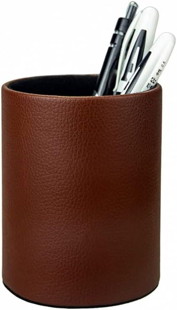 PU Leather Pen Pencil Holder Desk Organizer (3.3" x 3.3" x 4") Brown