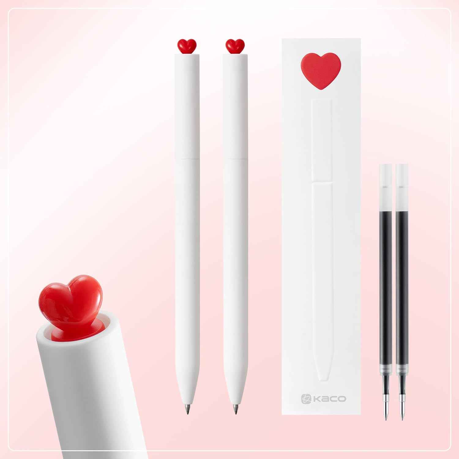 Kaco FIRST Gel Ink Pens,Cute Heart with Extra 4 Black Refills (2 White) - TTpen