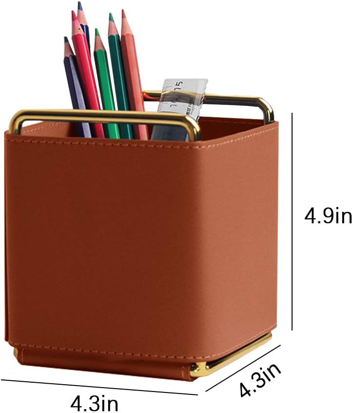 Leather Pen Pencil Holder Desktop Organizer Square Brown