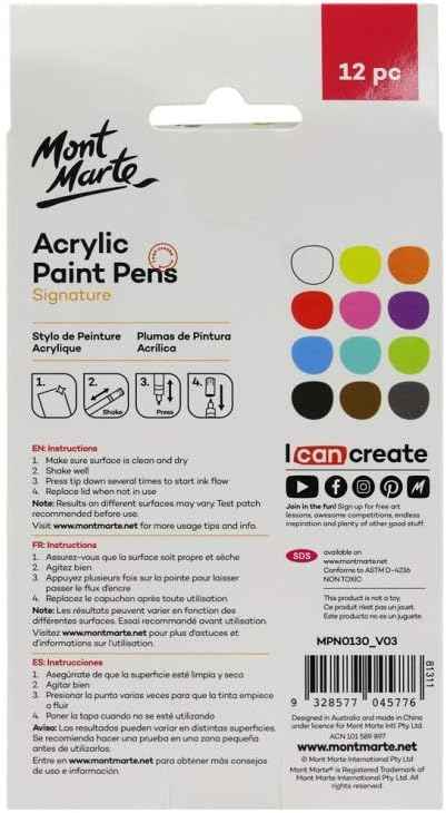 Mont Marte Signature Acrylic Paint Pens,12 Piece,Round Tip (3mm) - TTpen