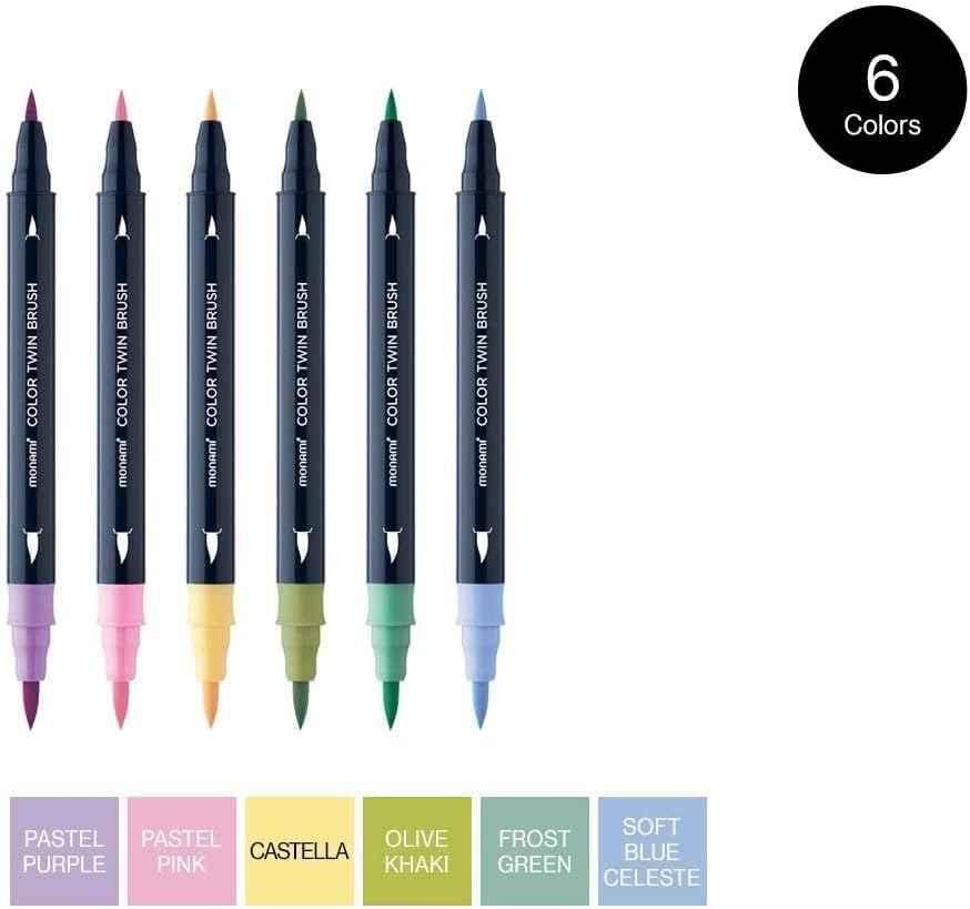 MONAMI Color Twin Brush Marker Pens,Pastel Color  6-Pack