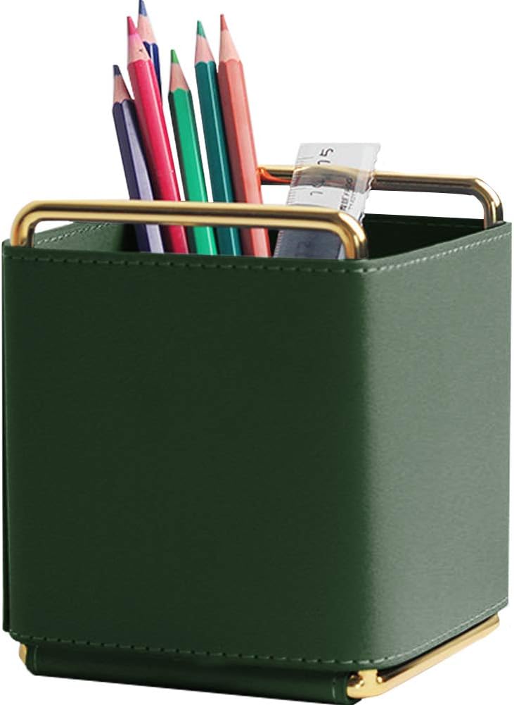 Leather Pen Pencil Holder Desktop Organizer Square Green