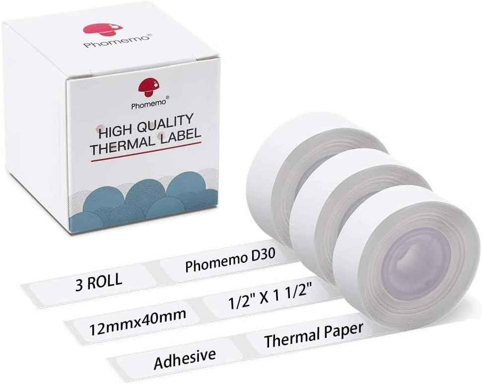 Phomemo D30 Adhesive White Label Paper (12mm X 40mm) White,3 Roll - TTpen