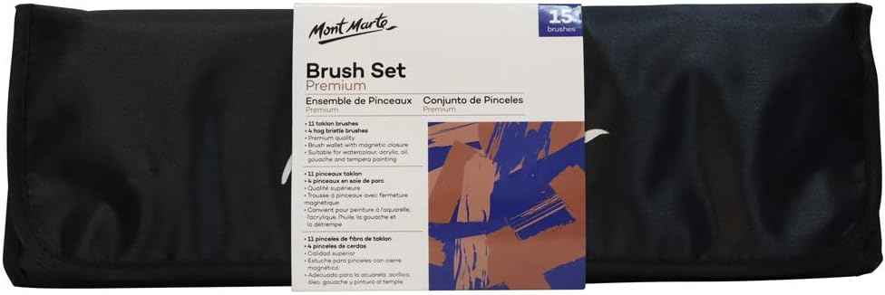Mont Marte Premium Paint Brush Set 15 Piece,Roll Case with Magnetic Closure - TTpen