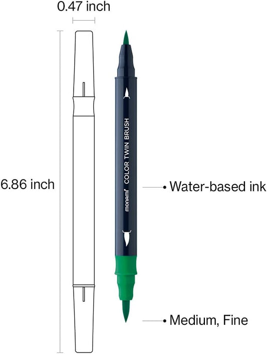 MONAMI Color Twin Brush Marker Pens,Forest 6-Pack