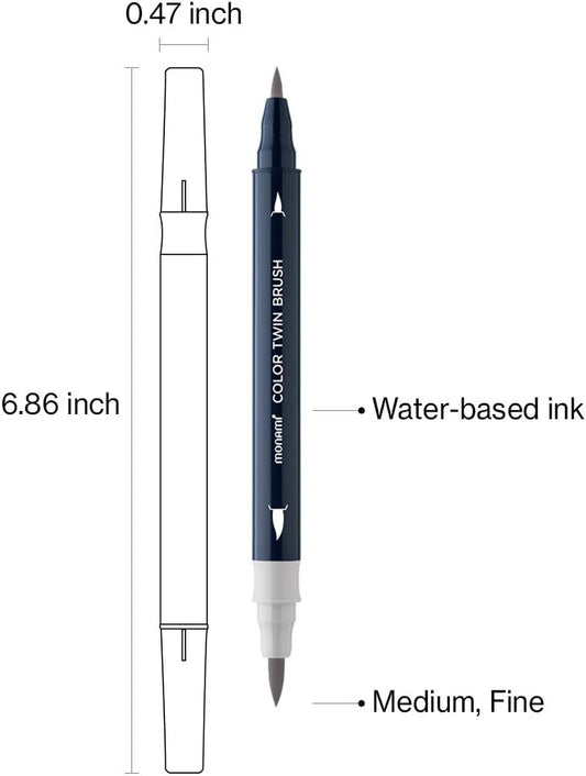 MONAMI Color Twin Brush Marker Pens,Grey Mood 6-Pack