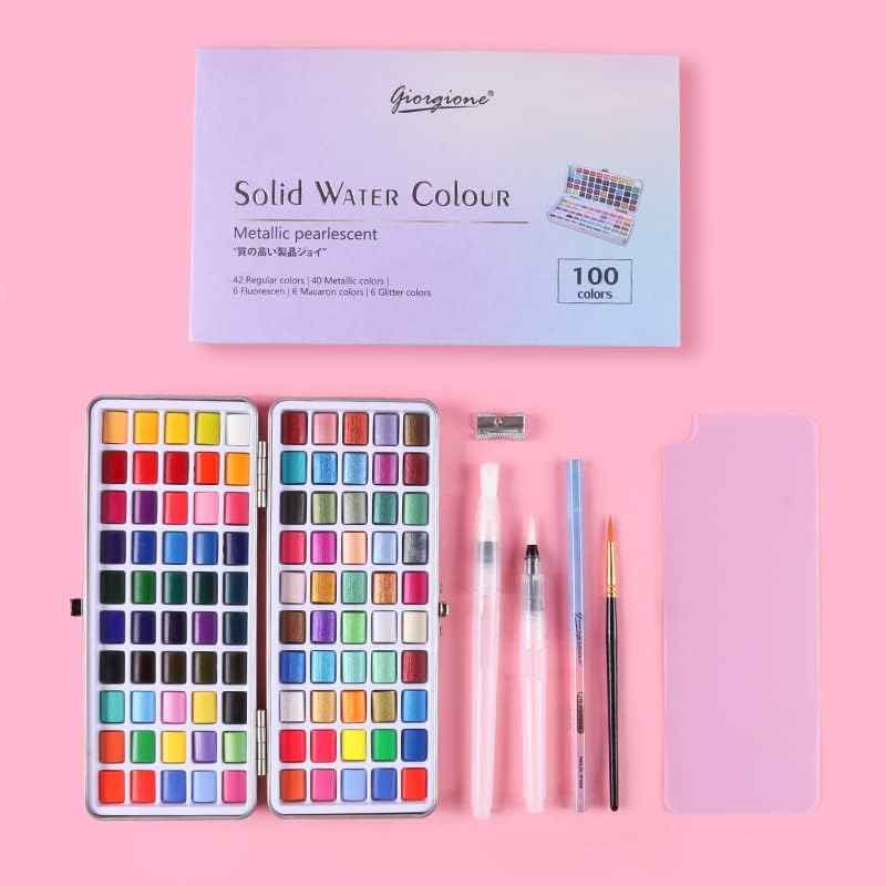 GIORGIONE 100 Solid Watercolor Paint Set with Water Brush Pen - TTpen