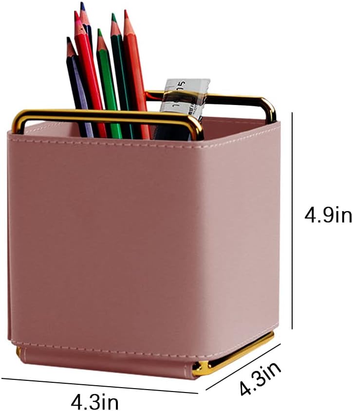 Leather Pen Pencil Holder Desktop Organizer Square Pink