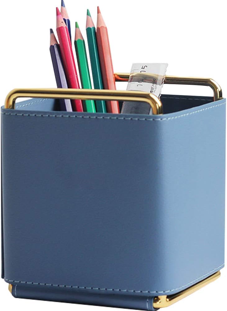 Leather Pen Pencil Holder Desktop Organizer Square Blue