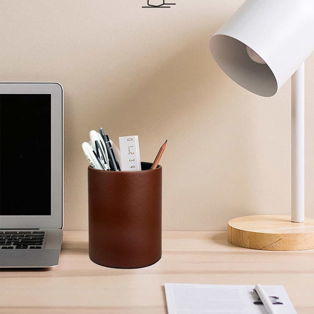 PU Leather Pen Pencil Holder Desk Organizer (3.3" x 3.3" x 4")