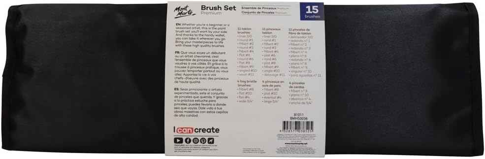 Mont Marte Premium Paint Brush Set 15 Piece,Roll Case with Magnetic Closure - TTpen