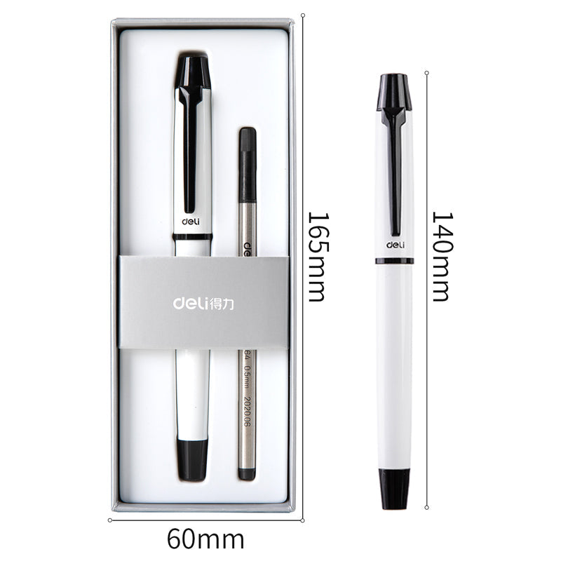 DELI S153 Rollerball Pen - 0.5mm Black Ink with Black/White Metal - TTpen