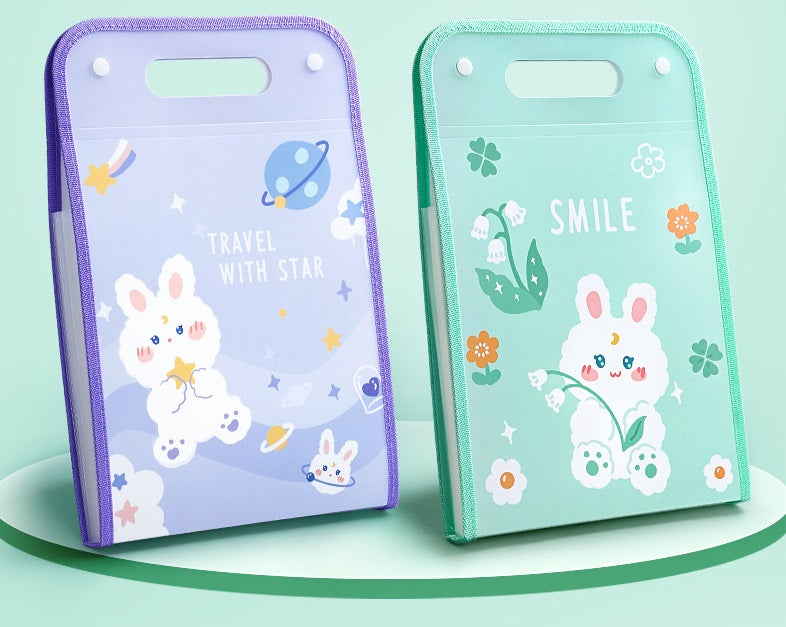 File Cute 4pcs Cute Rabbit Vertical A4 File Folders with Handle 15 Pockets