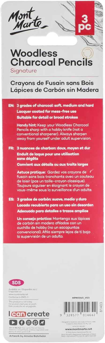 Mont Marte Woodless Charcoal Pencils,3 Piece,Soft,Medium and Hard - TTpen